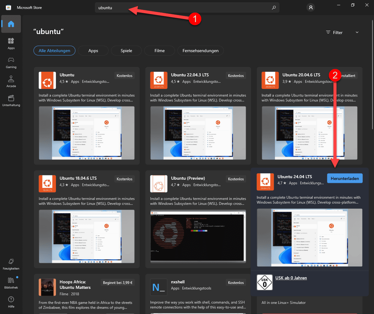 Microsoft Store wo Ubuntu 24.04 LTS heruntergeladen wird